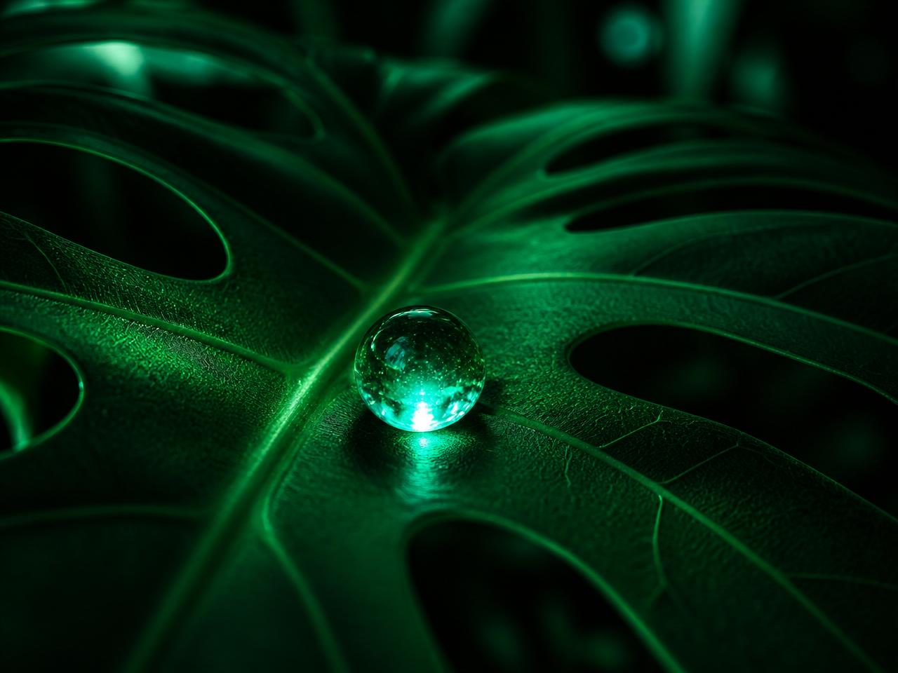 Glowing water droplet on a deep green tropical leaf
