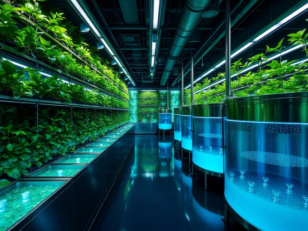 Advanced bio-processing facility with living green walls and glowing bioreactors